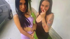 Two latina whores riding a huge cock
