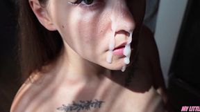 Brunette sucks my cock after he cunt and begs for massive cumshot