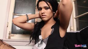 TGIRLS XXX Black-Haired Trans Beauty Masturbates on Bed in Ripped Fishnets and Denim Shorts