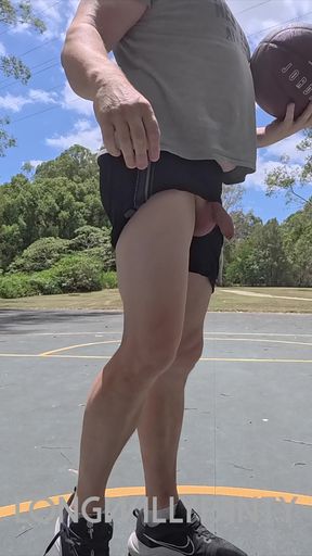 Straight uncut guy with cock out flashing at basketball courts
