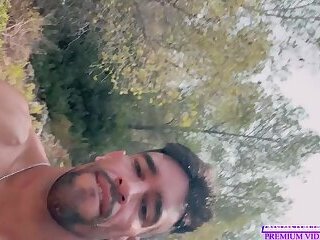 Big cock bisexual boy doing risky naked masturbation on the forest