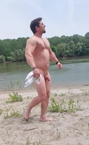 Not a Nudist Beach but Who Cares. Get Out of Water and Make Muscle Pose Naked