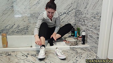 WHIPPED CREAM FETISH WET AND MESSY SOCKS SHOWER WITH CLOTHES