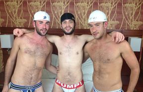 Three fuckers in cool outfits readying for sex