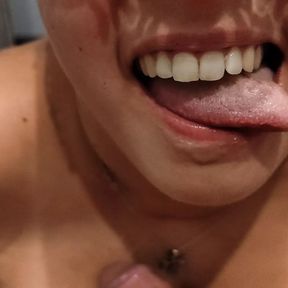 POV sloopy blowjob in public toilet till cum on hard nipples