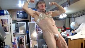 Grandma-Tranny flexes biceps and dances seductively