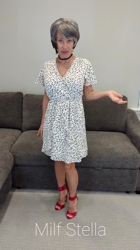 Sadie in a White Dress with Hearts and Red Heels