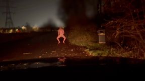 Strip naked and wank twerk at side of road , a car thought about driving up the lane