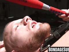 Leather bound hunk gagged and whipped painfully