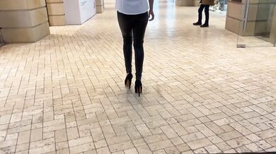 Blonde salesgirl deepthroats in mall toilet with big tits and high heels