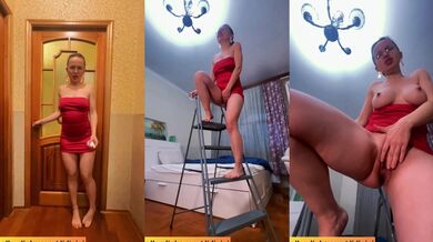 A naughty MILF changes a lightbulb on a step ladder and ends up wetting herself and squirting right there.