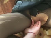 Tore pantyhose and fucked in a leather skirt