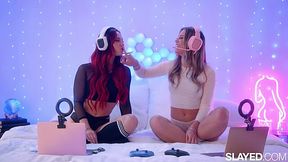 Two hot lesbian girls with sexy slender bodies indulge into a passionate sex session