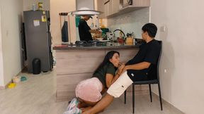 She is cheating on his boyfriend behind his back while her bf is cooking dinner