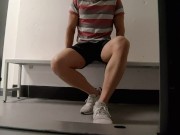 Saw a hot guy at the lockers, couldn't wait, needed to cum straight away, all over my muscled thighs