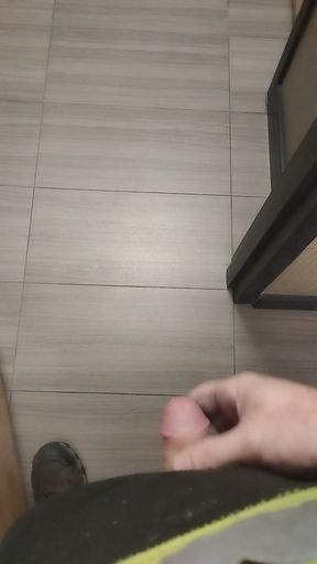Jerking and cumming in public bathroom hallway