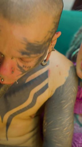 Trans Dark Leaves First Time Porn with Heavily Tattooed Couple. ATM, Facial