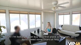 VIP4K. Blonde sexy cant pay rent so she goes to the bank for a loan