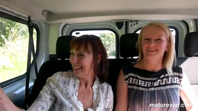 Mature women welcome a shy bespectacled man into their car for tender closeness