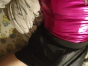 Crossdresser cums over leather outfit