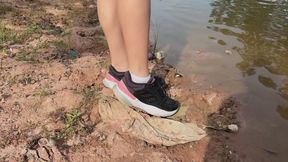 My Sneaker Gets Stuck in Mud — I Can’t Put It Back On, Dirty White Sock Walking in One Shoe