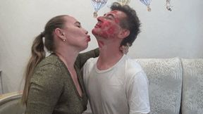 Hot red lipstick kisses for boy