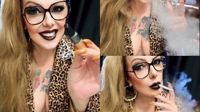 Winston 100s - Applying my black lipstick and smoking for you - Dangling, Deep Inhales, Nose exhales, Multiple pumps, Puffs, Smoke rings, Cough, Leopard print leather jacket, Vinyl pants, Long hair, Heavy makeup, Black lipstick , Beautiful long nails