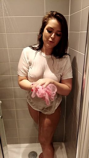 Teen British Brunette Wet T Shirt Shower &amp; Pussy Finger Fuck Orgasm