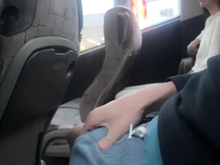 Public Knob Flashing - Risky Tugjob in Public Bus Full of People Cum by Hand