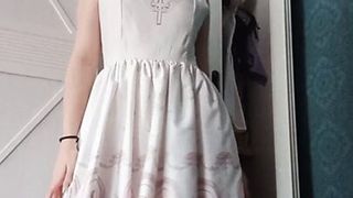 Gentle homemade masturbation in a white dress and a passionate stormy orgasm