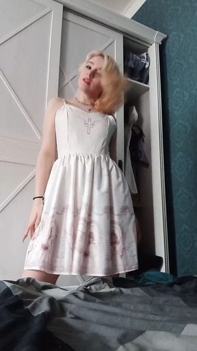Gentle homemade masturbation in a white dress and a passionate stormy orgasm
