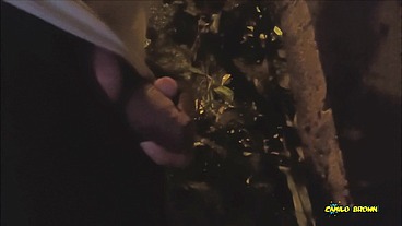 Peeing and Jerking my big uncut latino cock outdoors in public until I shoot a nice thick cum load and taste it