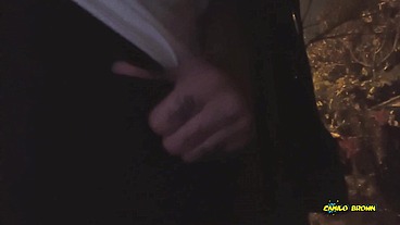 Peeing and Jerking my big uncut latino cock outdoors in public until I shoot a nice thick cum load and taste it
