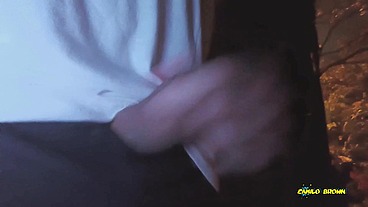 Peeing and Jerking my big uncut latino cock outdoors in public until I shoot a nice thick cum load and taste it