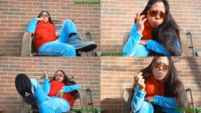 Velour tracksuit and blue timberland boots show off while I enjoy a smoke outdoors volume 87 Non Nude ****MP4****