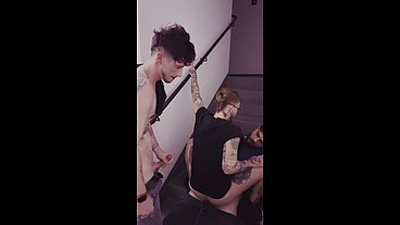 Caught by boyfriend on the fire stairs and turned into a threesome!