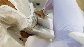 Pee on each other in white, get wet and kiss