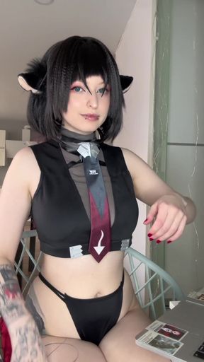 Cute homemade boobs sit in a professional's black chair as an average