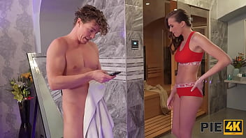 Handsome stranger enters sauna and creampies slender Stacy Cruz