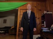 Fit Mature Male Exhibitionist Strips Off Suit and Cums While Answering Sex Questions