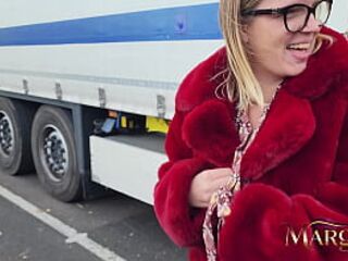 A mother shows her bazookas to truckers and gets banged in their truck.