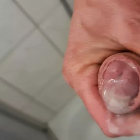 Close-up uncut cock masturbation, male squirting, peeing and creamy cumshot