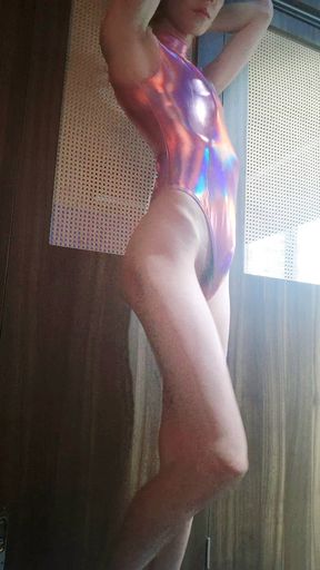 Young Twink Hard in Shiny Pink Leotard Bodysuit Cum