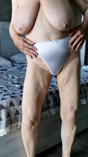 Hot GILF Teases You with Her Huge Tits and Takes off Her Silky White Lingerie to Reveal Her Mature Pussy