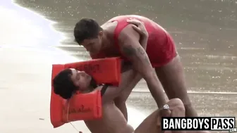 Lifeguard fucks cute jock bareback after nude beach rescue