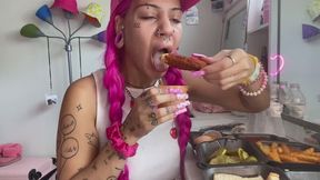 Spicy Food Mukbang Overeating Facestuffing Petite Girl Eating Hot Food Close-Up Long Nails Fetish Acrylic Nails Teen Bonnet Hungry