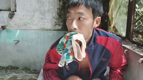 Super Asian boy lies in abandoned factory area, lying in sink, masturbating, ejaculating, moaning, and swallowing liquid