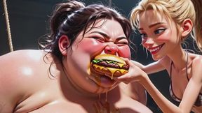 Bondage Feeding - Skinny Woman Stuffs Massive BBW