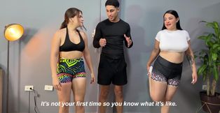 Athletic dude pounds two chubby latinas during yoga class