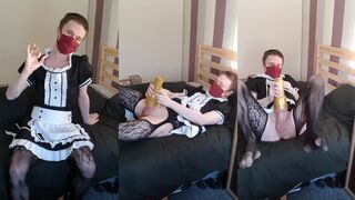 Sissy maid despairingly pumps into his Fleshlight and begs for more